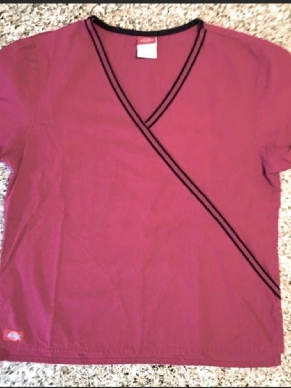 Dickies Women's Raspberry/Wine Short Sleeve V-Neck Top with Black Trim Size S